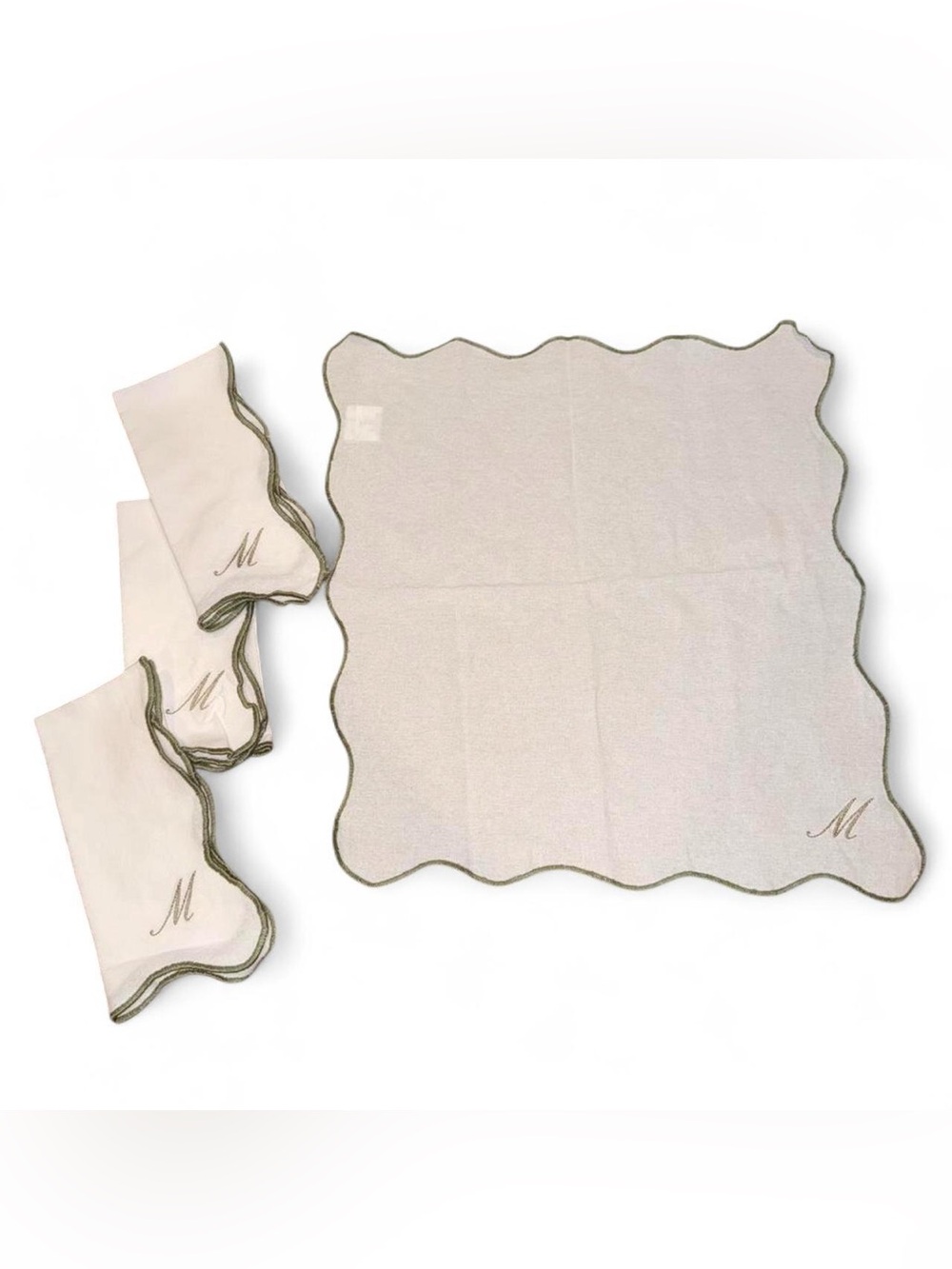 Hobby Lobby White 100% Cotton Embroidered Napkins with Green Scalloped Trim - 4